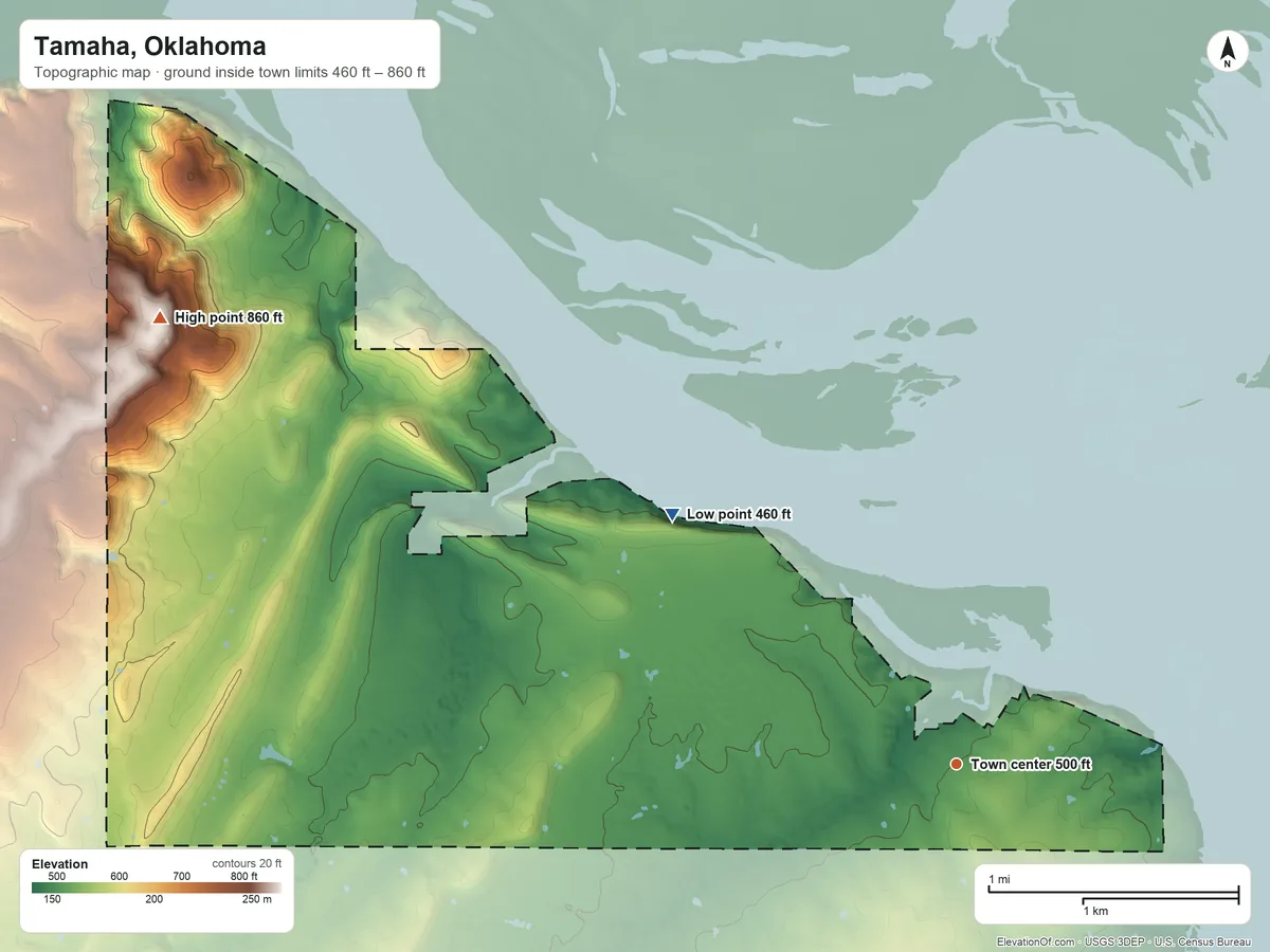 Topographic elevation map of Tamaha, Oklahoma, shaded from 460 ft on the northwest side to 860 ft on the northwest side