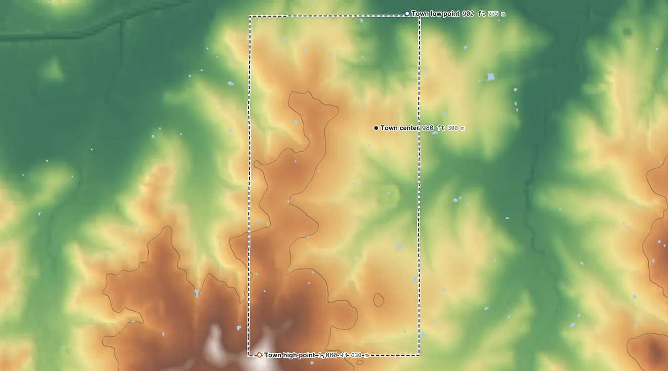 Topographic elevation map of Tatums, Oklahoma, shaded from 900 ft on the north side to 1,080 ft on the southwest side