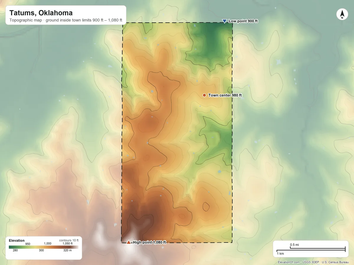 Topographic elevation map of Tatums, Oklahoma, shaded from 900 ft on the north side to 1,080 ft on the southwest side