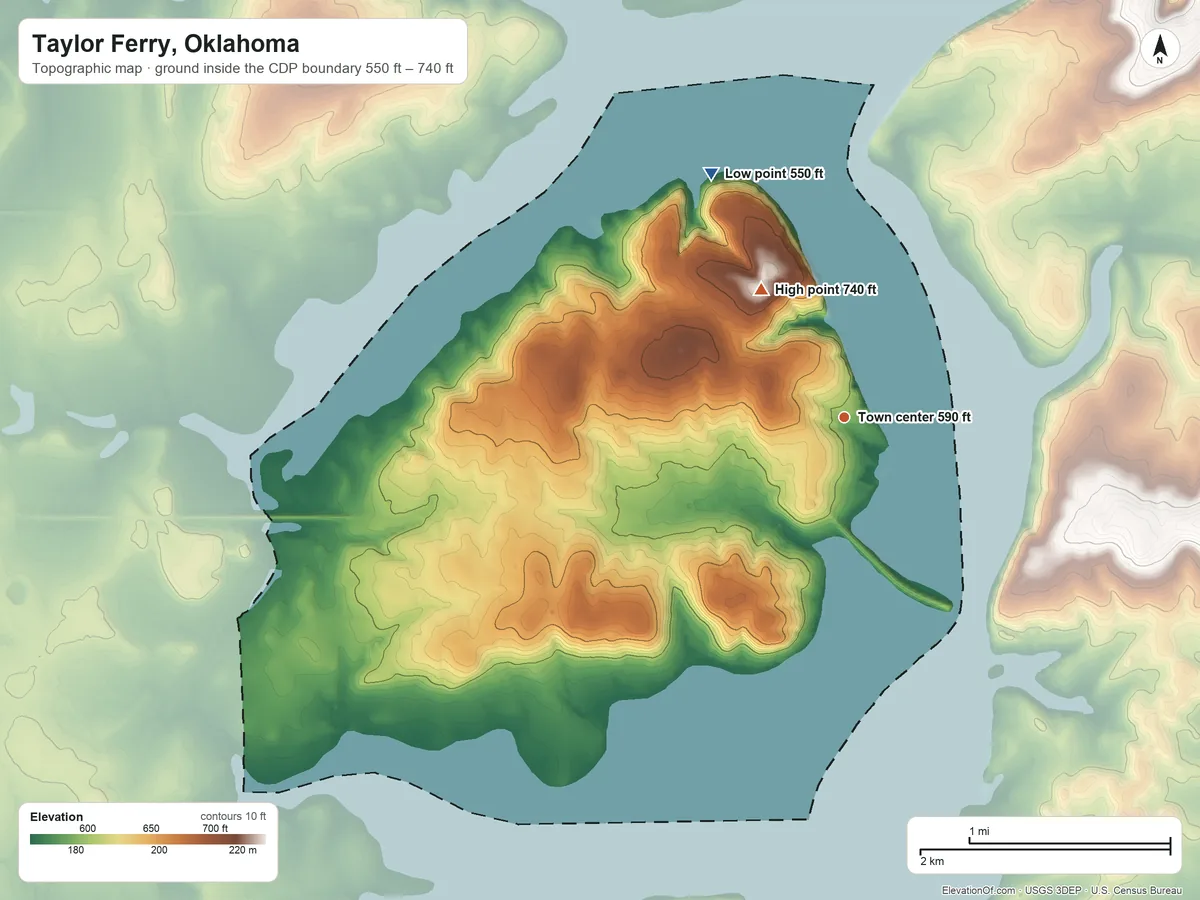 Topographic elevation map of Taylor Ferry, Oklahoma, shaded from 550 ft on the northwest side to 740 ft on the northwest side