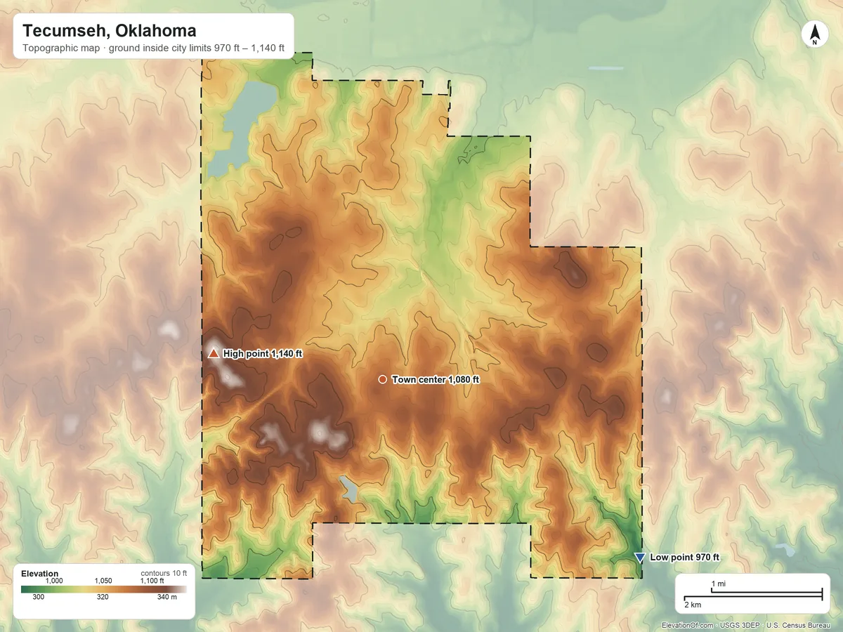 Topographic elevation map of Tecumseh, Oklahoma, shaded from 970 ft on the southeast side to 1,140 ft on the west side