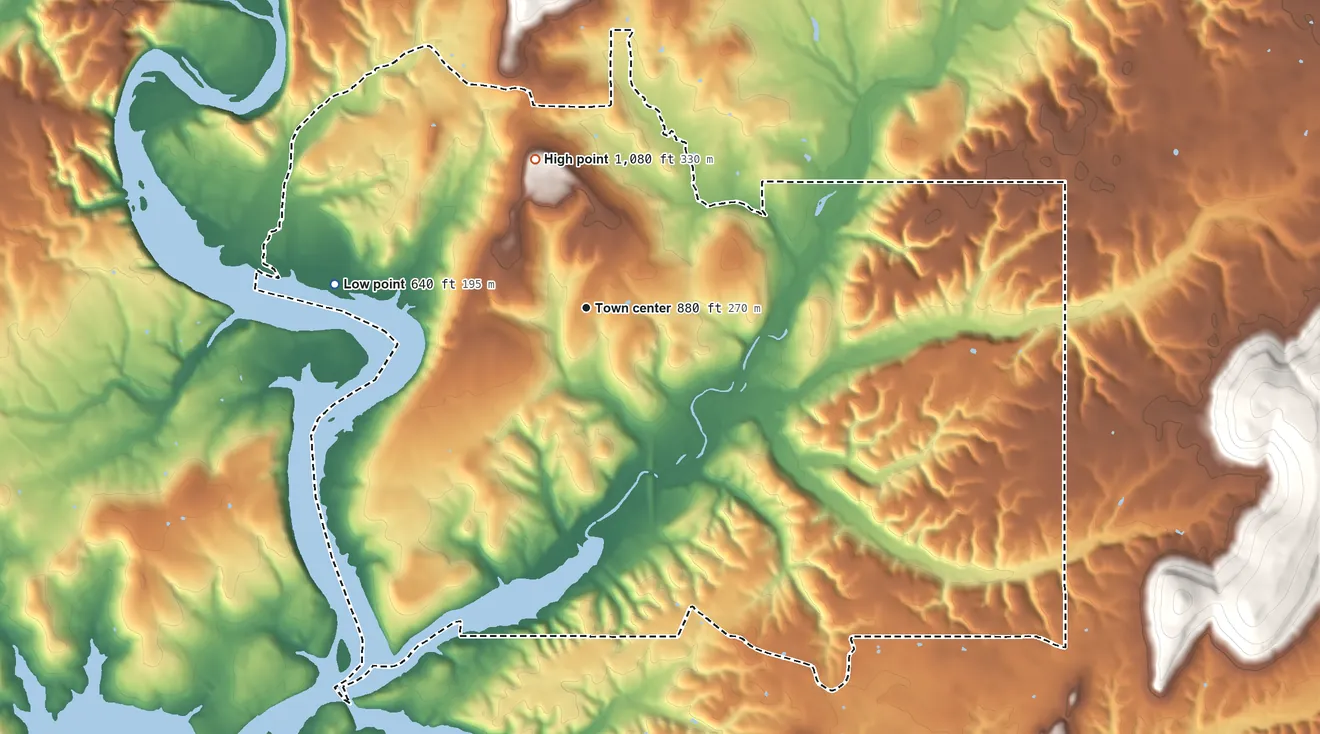 Topographic elevation map of Tenkiller, Oklahoma, shaded from 640 ft on the west side to 1,080 ft on the north side