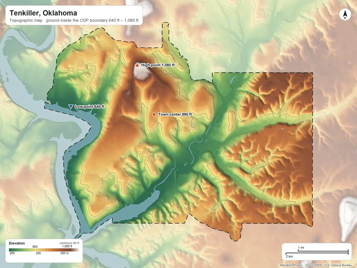 Topographic elevation map of Tenkiller, Oklahoma, shaded from 640 ft on the west side to 1,080 ft on the north side