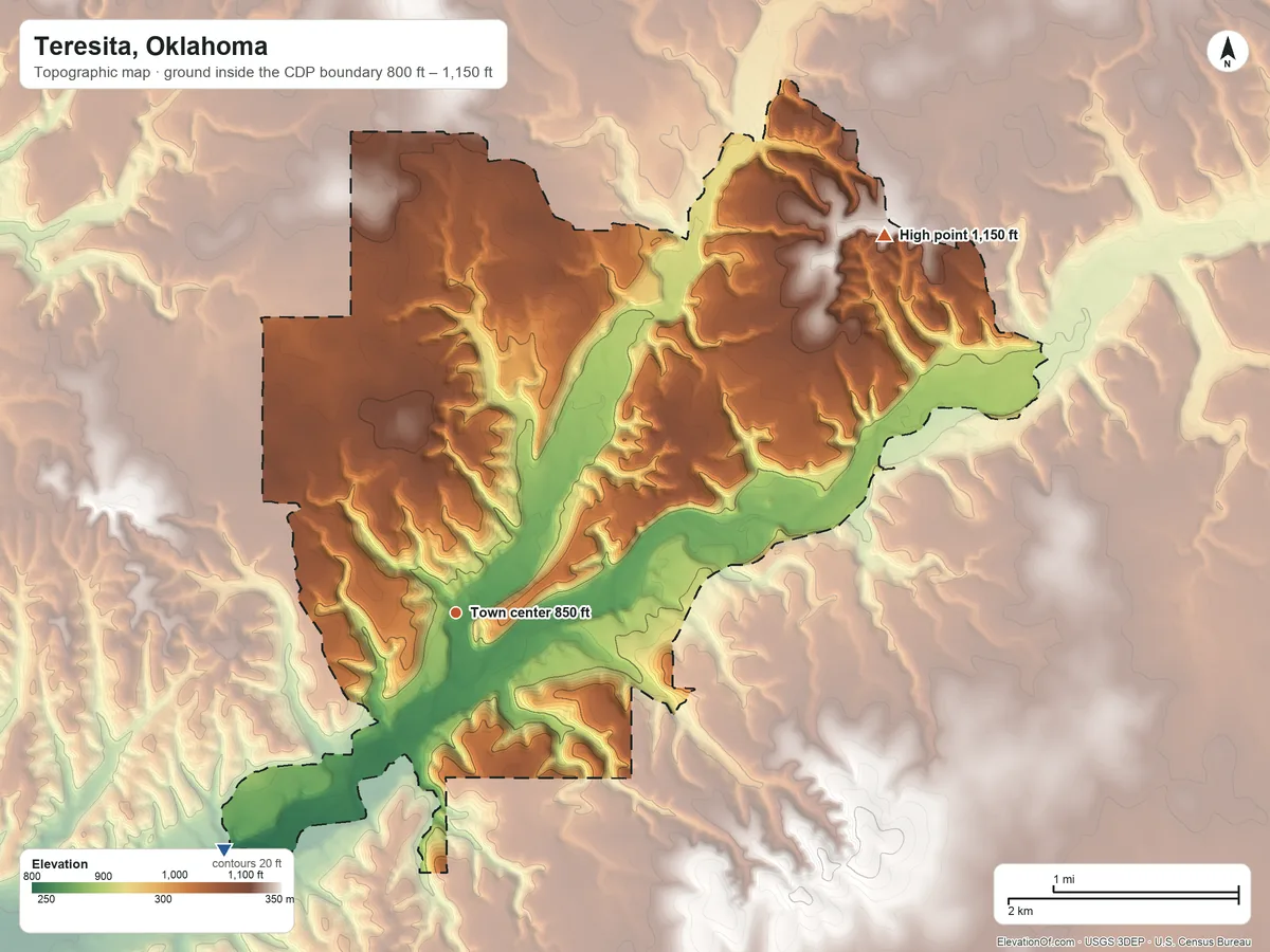 Topographic elevation map of Teresita, Oklahoma, shaded from 800 ft on the southwest side to 1,150 ft on the northeast side