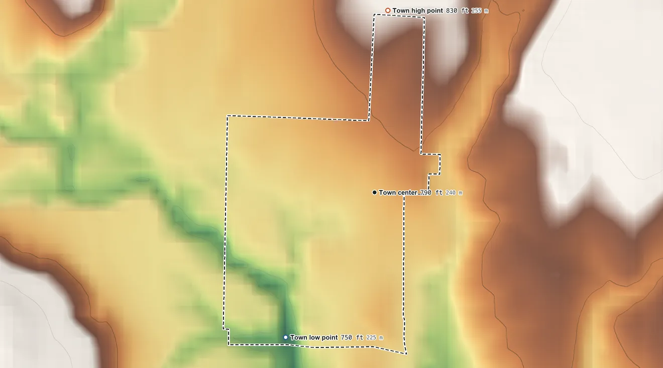 Topographic elevation map of Terlton, Oklahoma, shaded from 750 ft on the southwest side to 830 ft on the north side