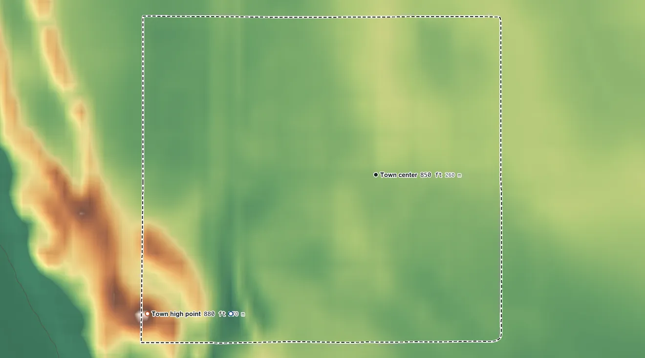 Topographic elevation map of Terral, Oklahoma, shaded from 840 ft on the southwest side to 880 ft on the southwest side