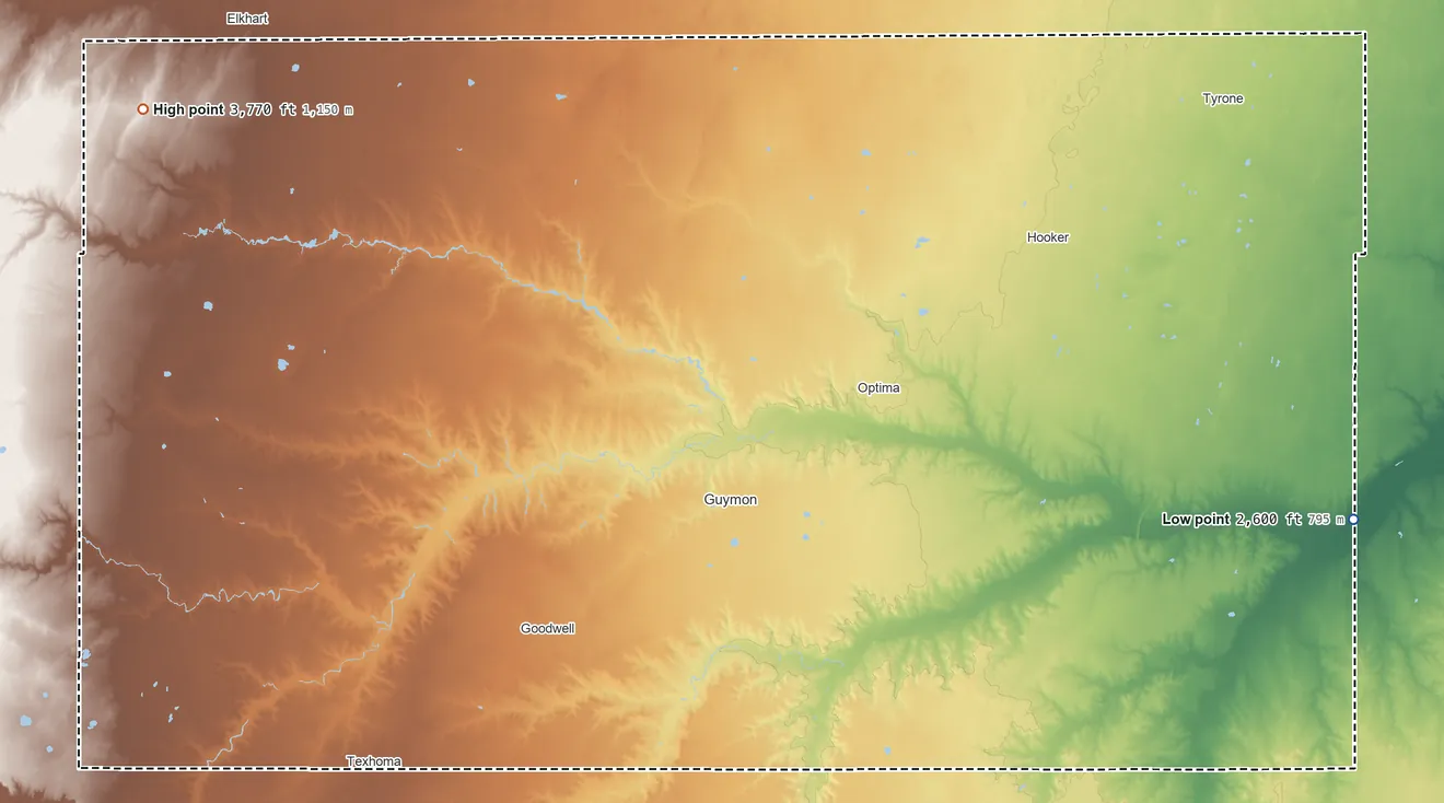 Topographic elevation map of Texas County, Oklahoma, shaded from 2,600 ft on the east side to 3,770 ft on the northwest side