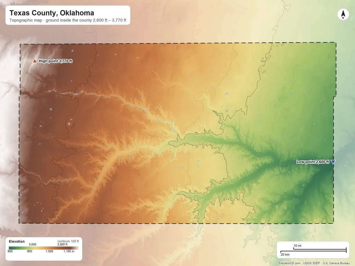 Topographic elevation map of Texas County, Oklahoma, shaded from 2,600 ft on the east side to 3,770 ft on the northwest side