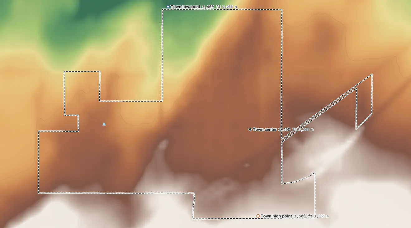 Topographic elevation map of Texhoma, Oklahoma, shaded from 3,460 ft on the northwest side to 3,500 ft on the south side