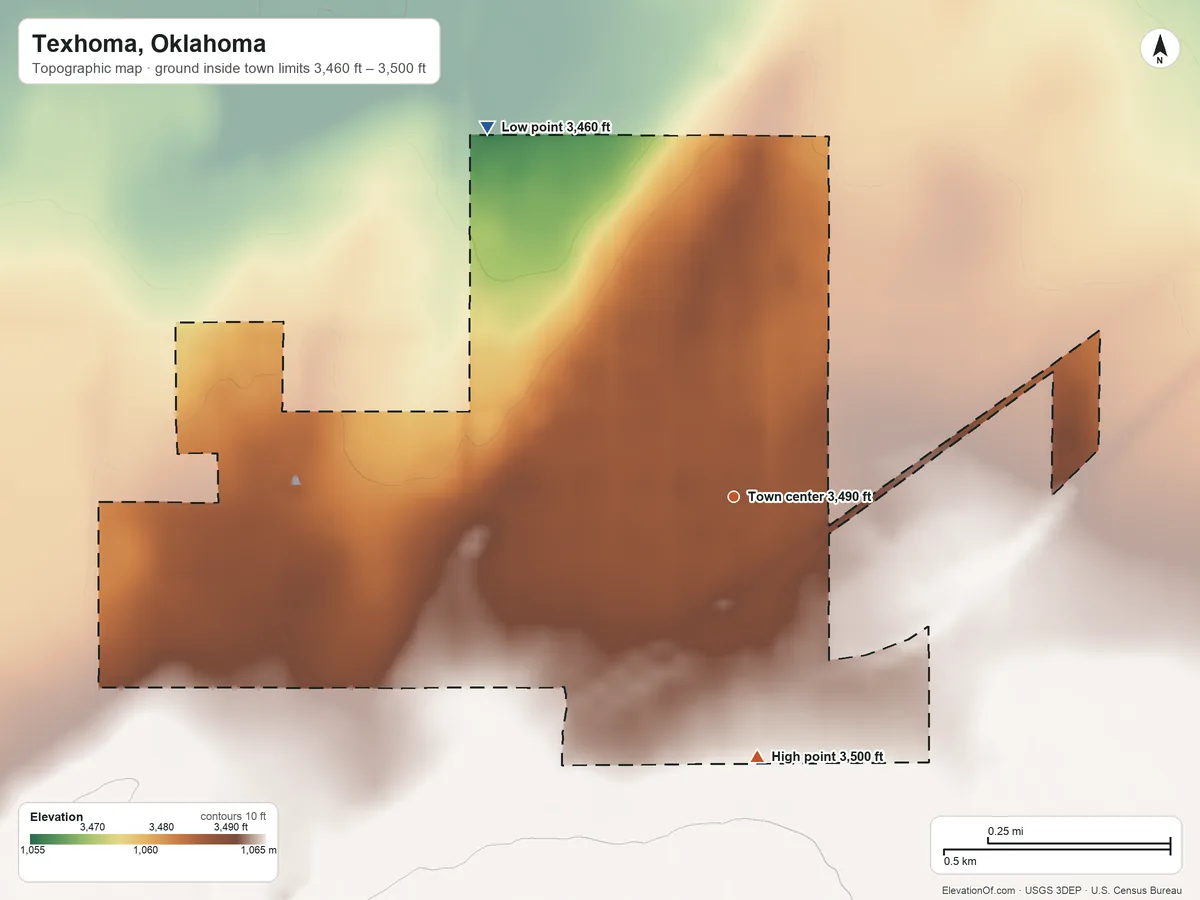 Topographic elevation map of Texhoma, Oklahoma, shaded from 3,460 ft on the northwest side to 3,500 ft on the south side