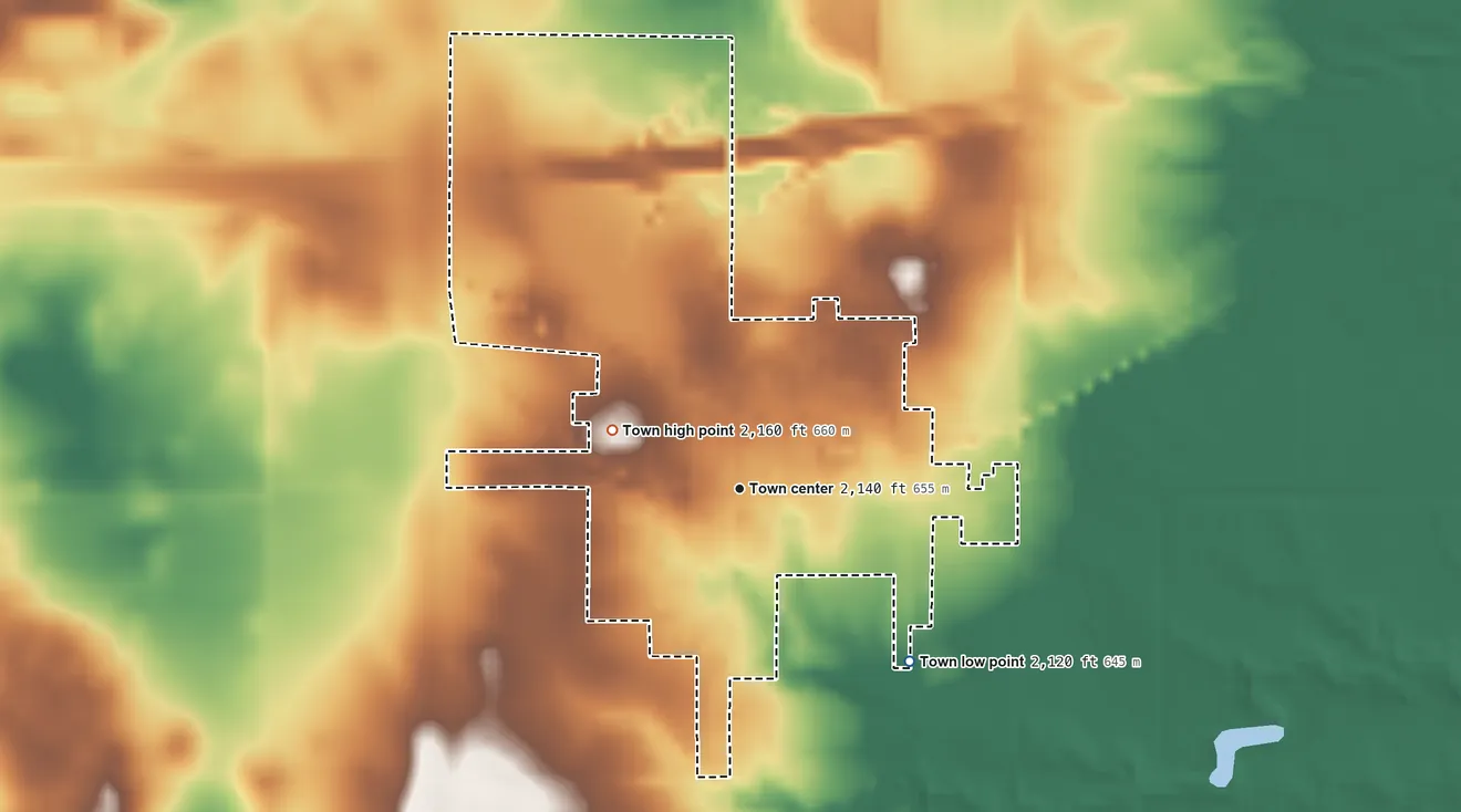 Topographic elevation map of Texola, Oklahoma, shaded from 2,120 ft on the southeast side to 2,160 ft on the northwest side