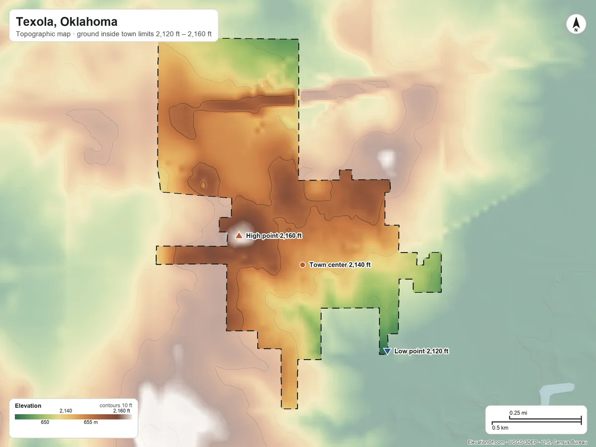 Topographic elevation map of Texola, Oklahoma, shaded from 2,120 ft on the southeast side to 2,160 ft on the northwest side