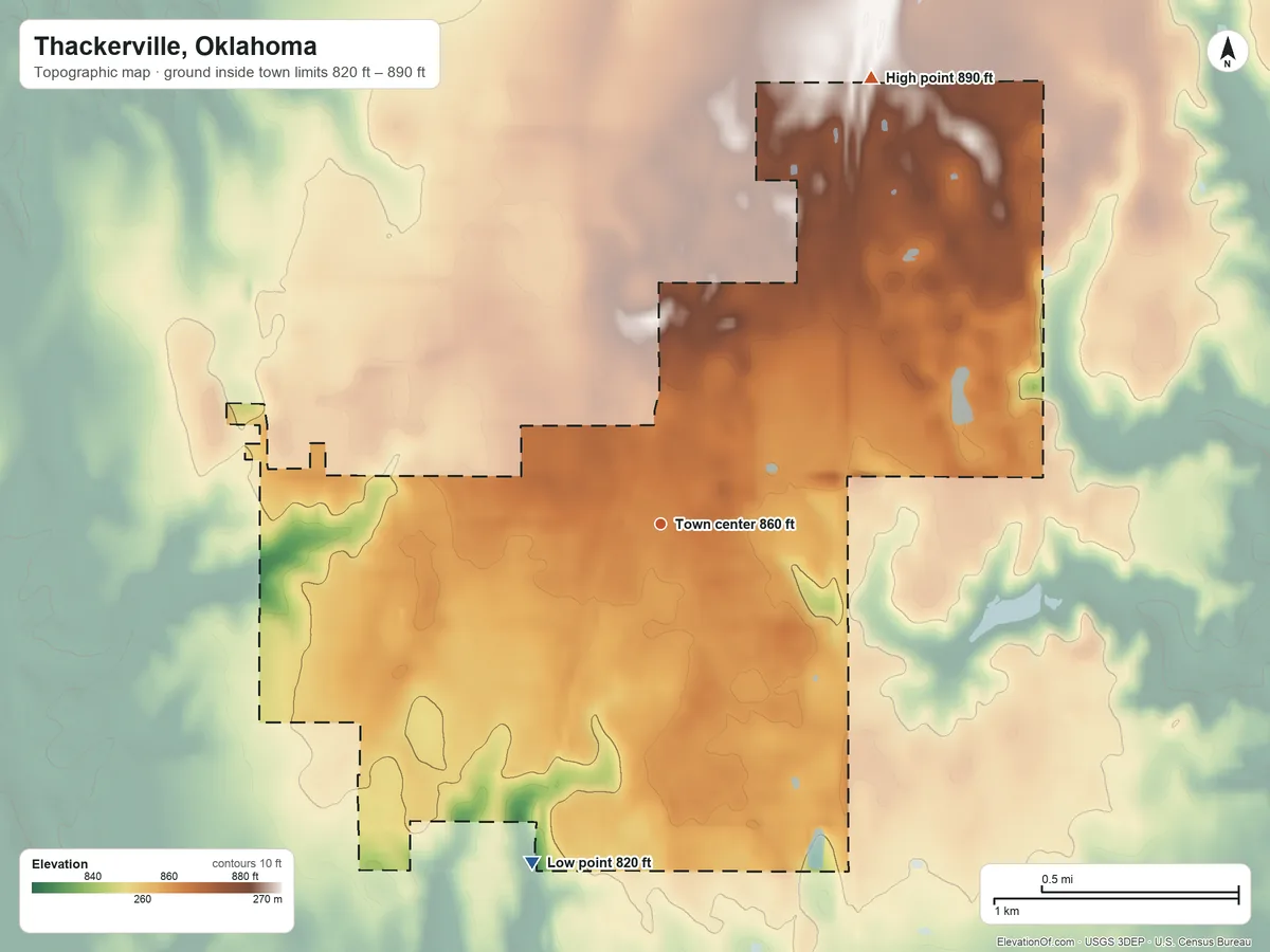 Topographic elevation map of Thackerville, Oklahoma, shaded from 820 ft on the south side to 890 ft on the northeast side