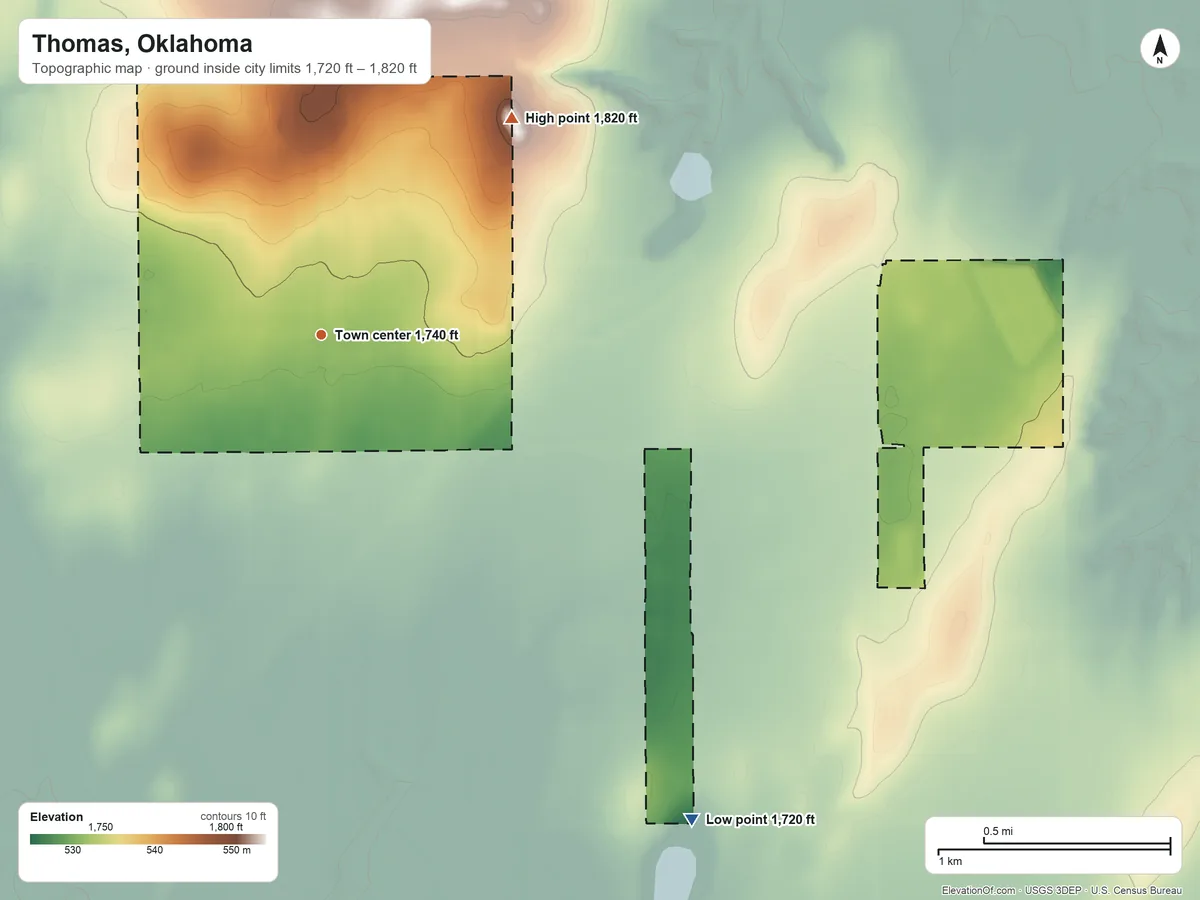 Topographic elevation map of Thomas, Oklahoma, shaded from 1,720 ft on the southeast side to 1,820 ft on the northeast side