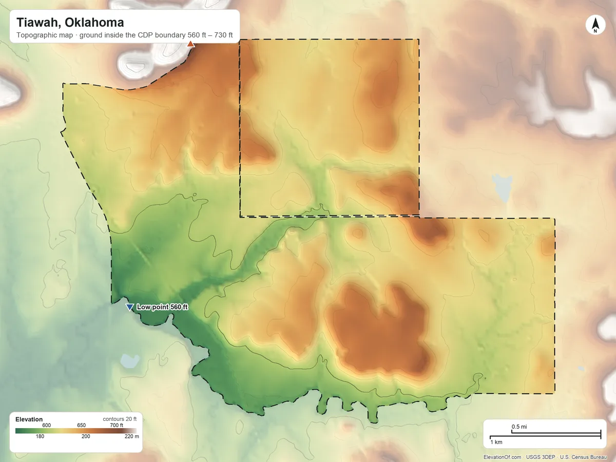 Topographic elevation map of Tiawah, Oklahoma, shaded from 560 ft on the southwest side to 730 ft on the north side