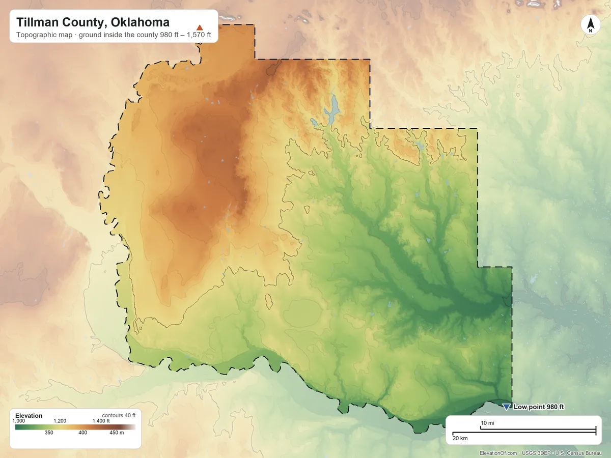 Topographic elevation map of Tillman County, Oklahoma, shaded from 980 ft on the southeast side to 1,570 ft on the northwest side