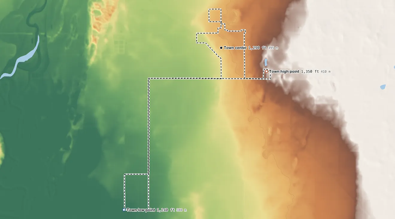 Topographic elevation map of Tipton, Oklahoma, shaded from 1,240 ft on the southwest side to 1,350 ft on the southeast side