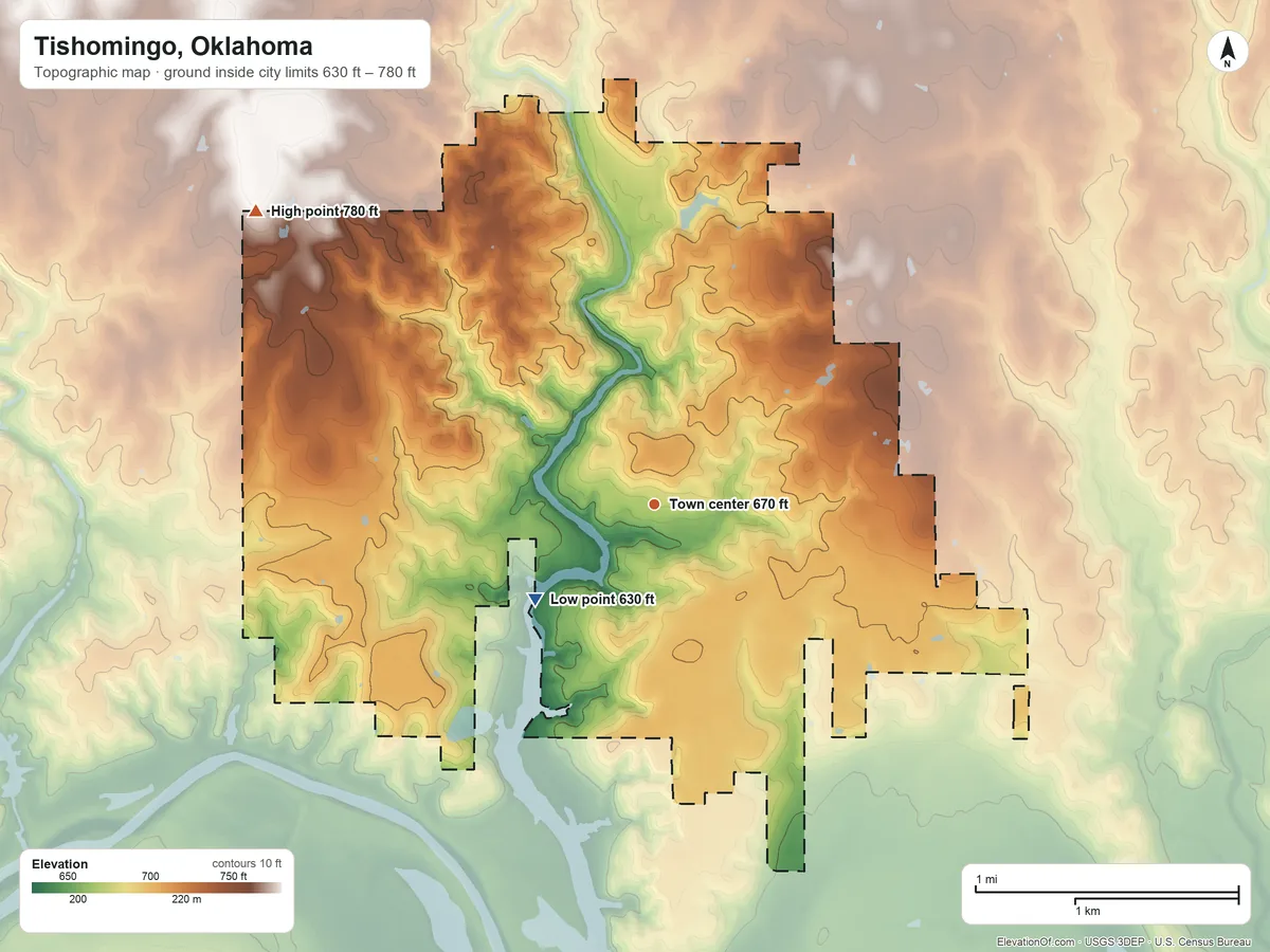 Topographic elevation map of Tishomingo, Oklahoma, shaded from 630 ft on the southwest side to 780 ft on the northwest side