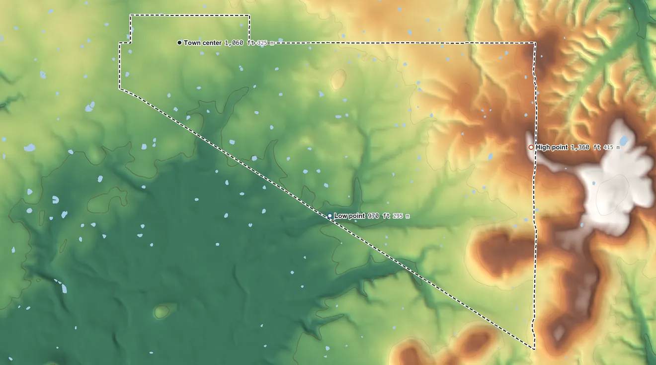Topographic elevation map of Titanic, Oklahoma, shaded from 970 ft on the southeast side to 1,360 ft on the east side
