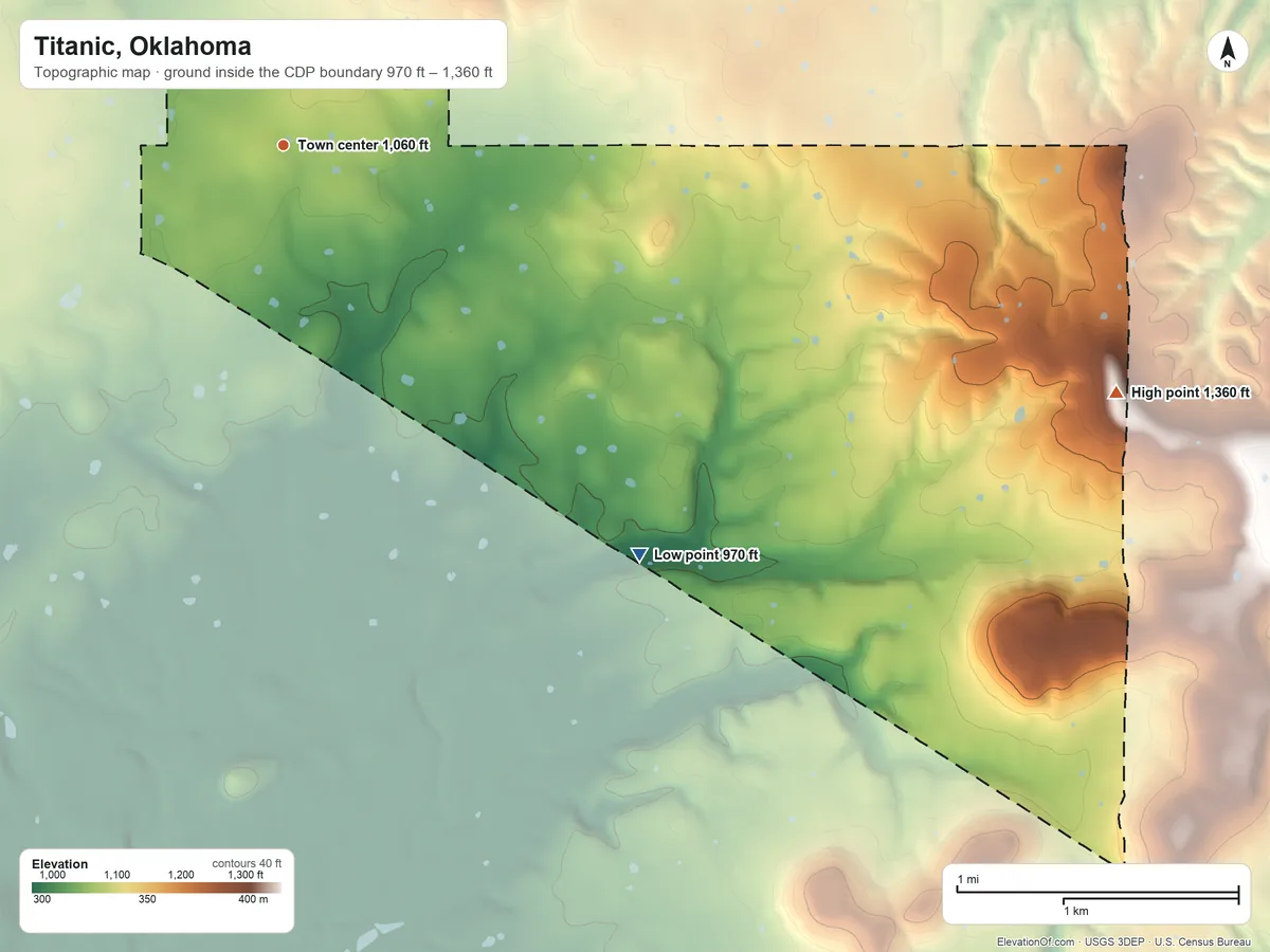 Topographic elevation map of Titanic, Oklahoma, shaded from 970 ft on the southeast side to 1,360 ft on the east side