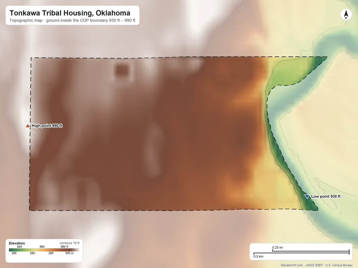 Topographic elevation map of Tonkawa Tribal Housing, Oklahoma, shaded from 930 ft on the east side to 990 ft on the west side