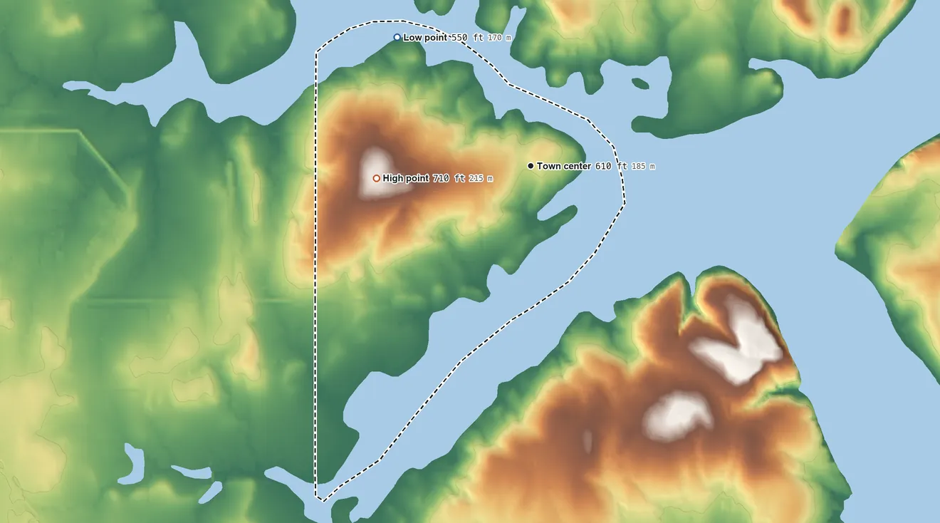 Topographic elevation map of Toppers, Oklahoma, shaded from 550 ft on the northwest side to 710 ft on the west side