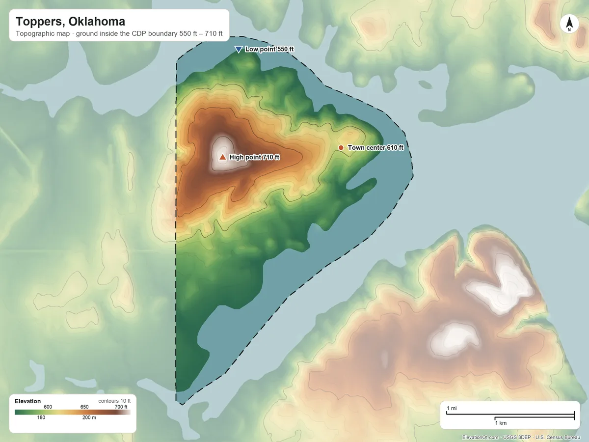 Topographic elevation map of Toppers, Oklahoma, shaded from 550 ft on the northwest side to 710 ft on the west side