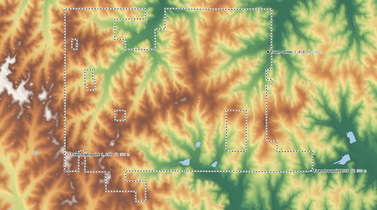 Topographic elevation map of Tribbey, Oklahoma, shaded from 980 ft on the south side to 1,190 ft on the southwest side