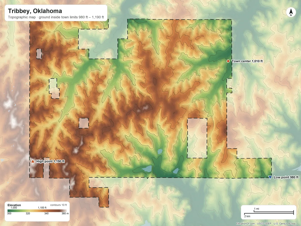 Topographic elevation map of Tribbey, Oklahoma, shaded from 980 ft on the south side to 1,190 ft on the southwest side