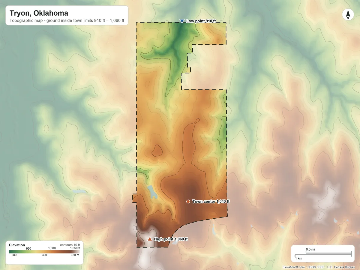 Topographic elevation map of Tryon, Oklahoma, shaded from 910 ft on the north side to 1,060 ft on the southwest side