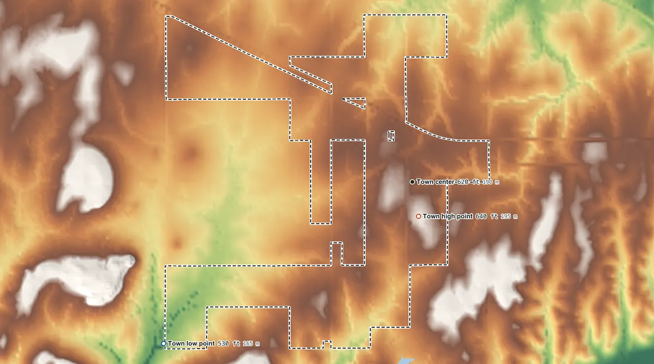 Topographic elevation map of Tullahassee, Oklahoma, shaded from 530 ft on the southwest side to 640 ft near the middle