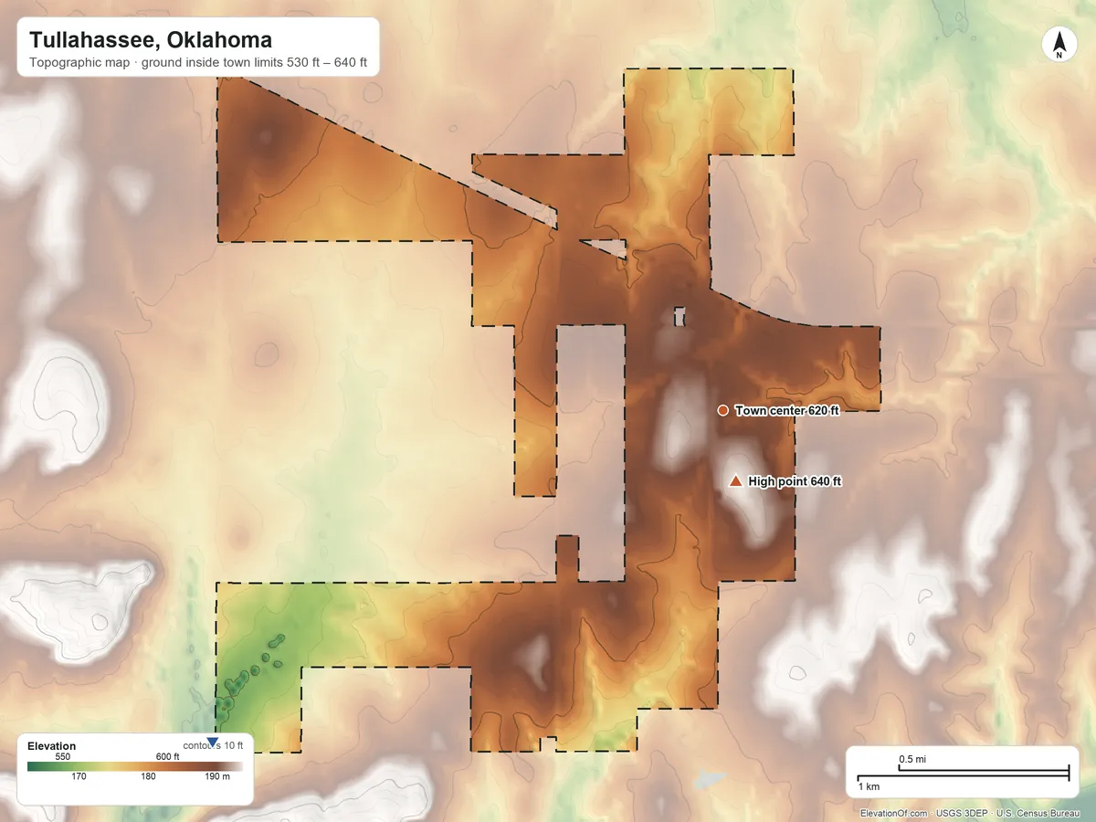 Topographic elevation map of Tullahassee, Oklahoma, shaded from 530 ft on the southwest side to 640 ft near the middle