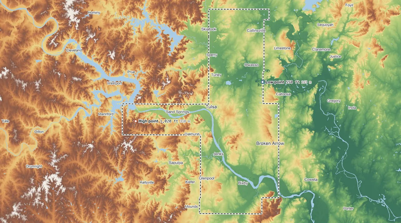 Topographic elevation map of Tulsa County, Oklahoma, shaded from 550 ft on the northeast side to 1,020 ft on the west side
