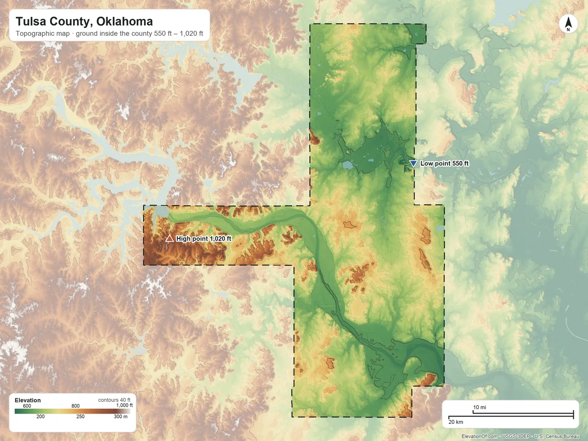 Topographic elevation map of Tulsa County, Oklahoma, shaded from 550 ft on the northeast side to 1,020 ft on the west side