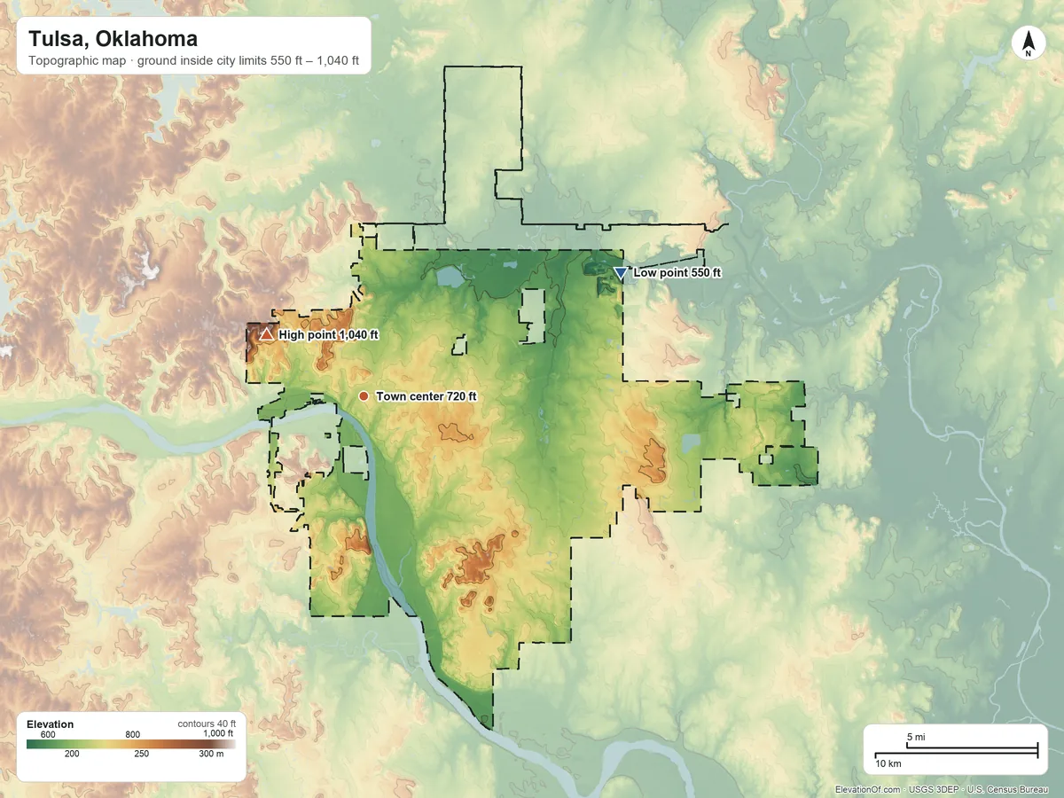 Topographic elevation map of Tulsa, Oklahoma, shaded from 550 ft on the northeast side to 1,040 ft on the northwest side