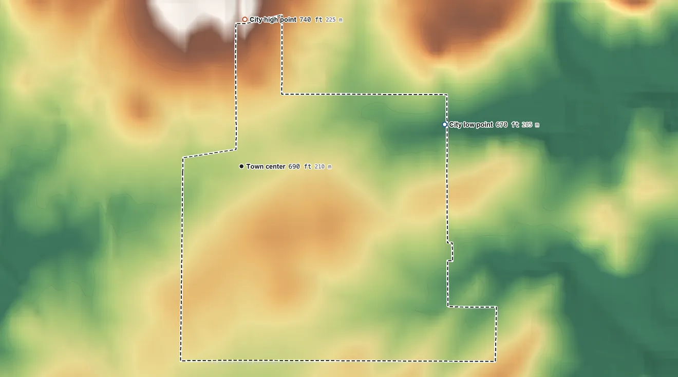 Topographic elevation map of Tupelo, Oklahoma, shaded from 670 ft on the east side to 740 ft on the north side