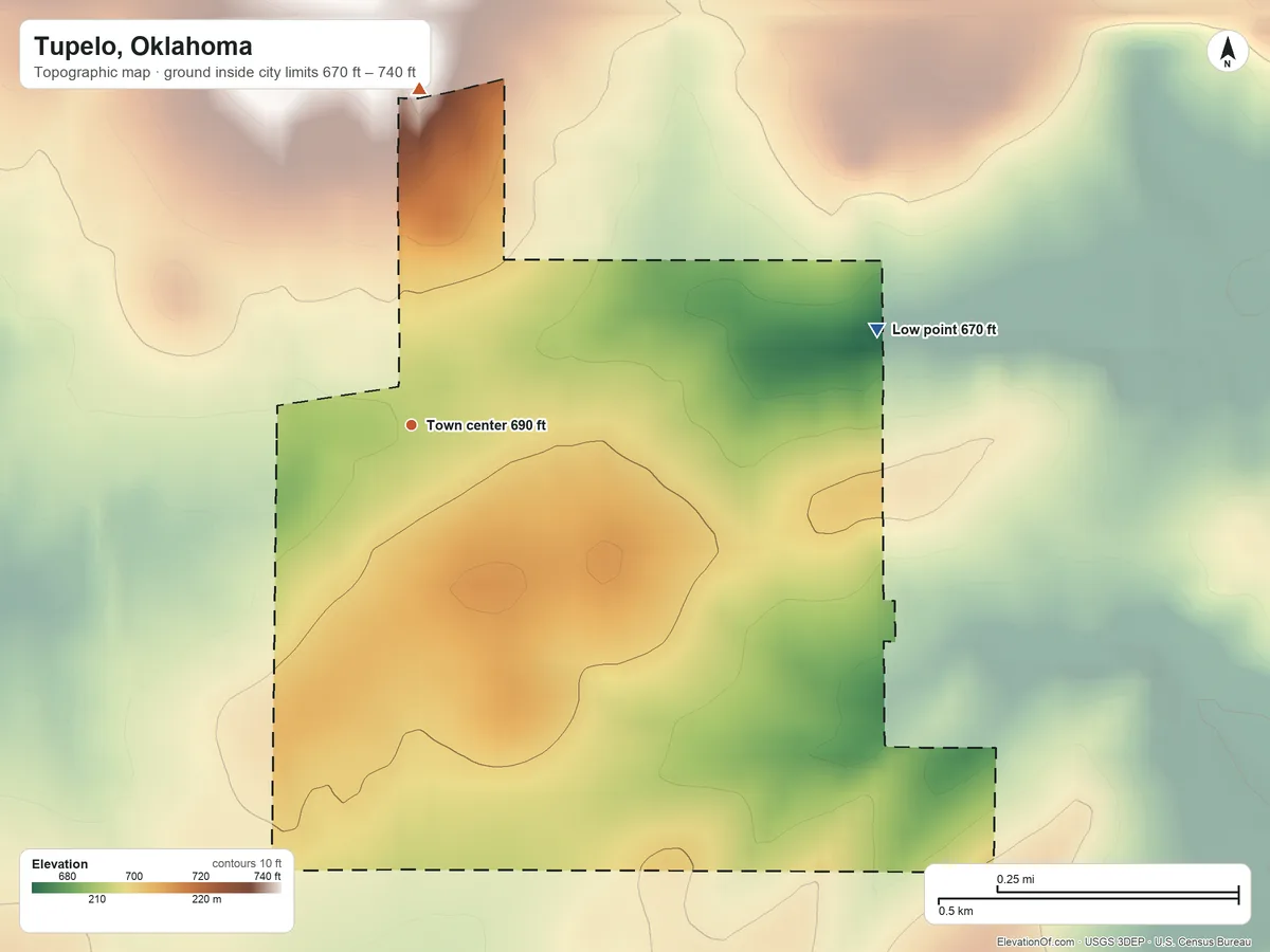 Topographic elevation map of Tupelo, Oklahoma, shaded from 670 ft on the east side to 740 ft on the north side