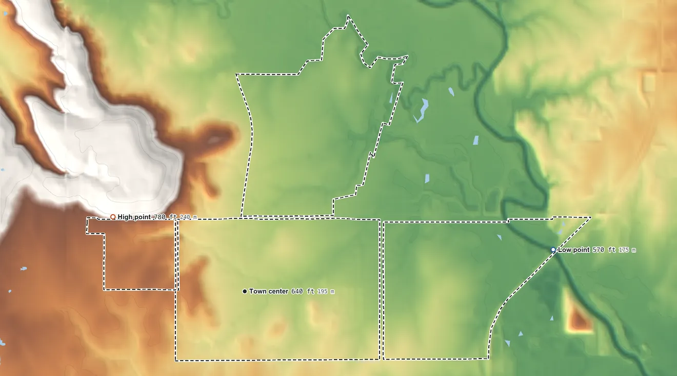 Topographic elevation map of Turley, Oklahoma, shaded from 570 ft on the east side to 780 ft on the northwest side