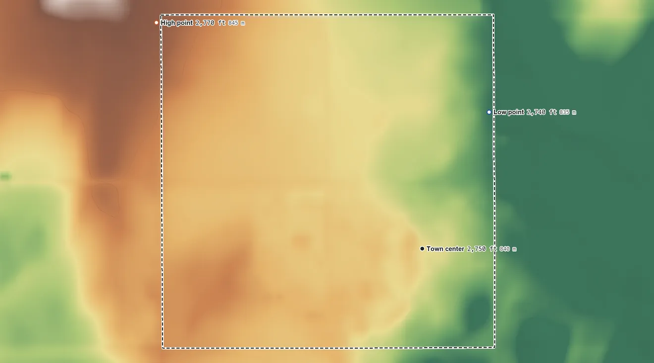 Topographic elevation map of Turpin, Oklahoma, shaded from 2,740 ft on the northeast side to 2,770 ft on the northwest side