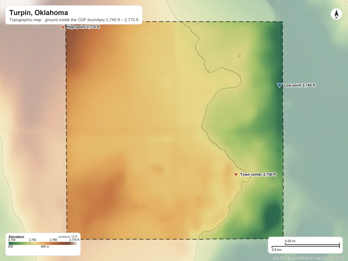 Topographic elevation map of Turpin, Oklahoma, shaded from 2,740 ft on the northeast side to 2,770 ft on the northwest side