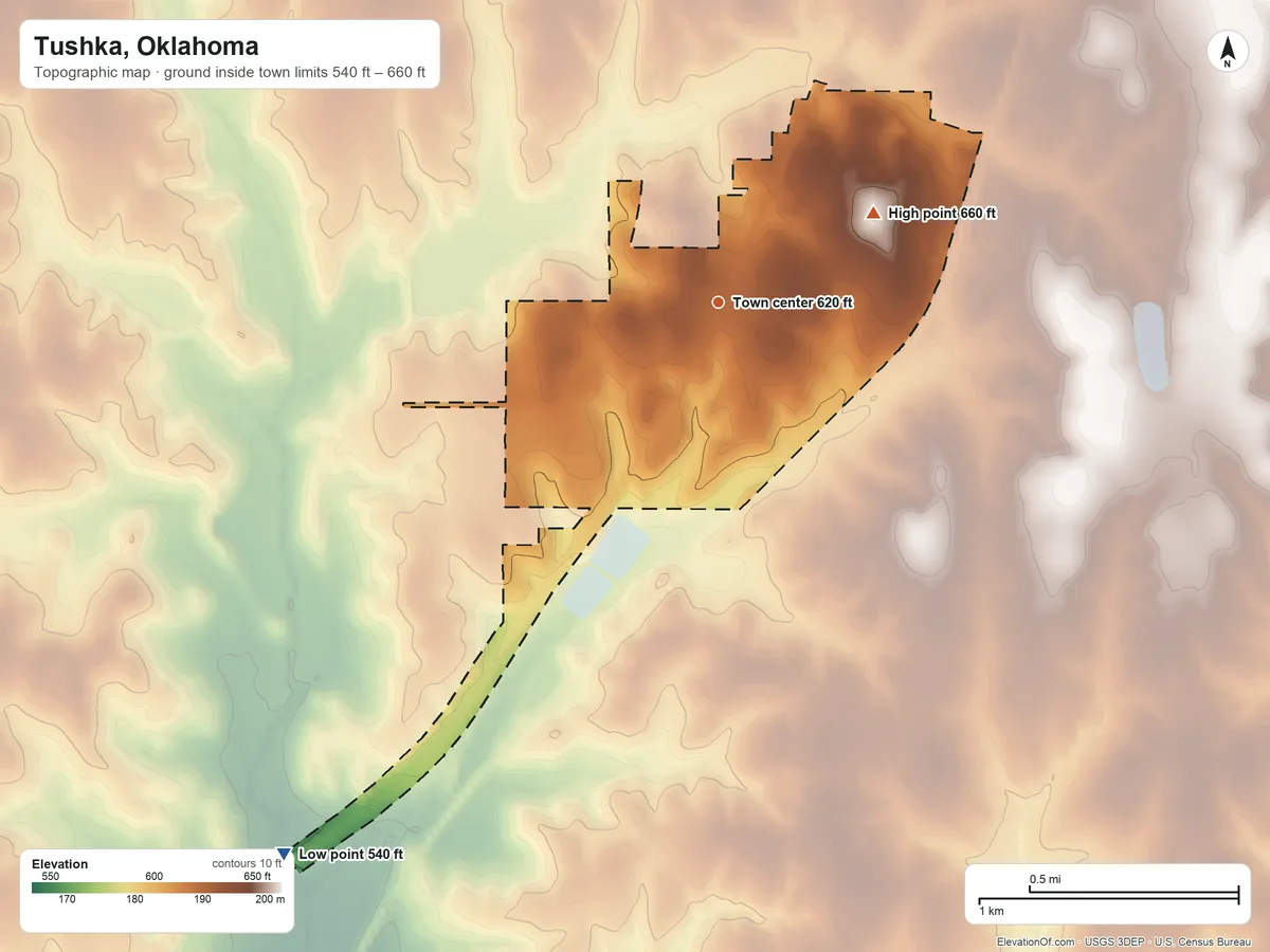 Topographic elevation map of Tushka, Oklahoma, shaded from 540 ft on the southwest side to 660 ft on the northeast side