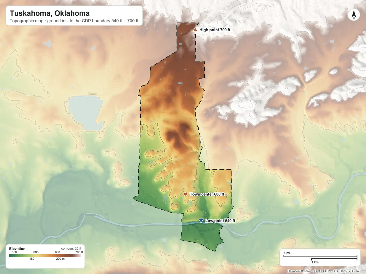Topographic elevation map of Tuskahoma, Oklahoma, shaded from 540 ft on the southeast side to 700 ft on the north edge, below higher ground just outside