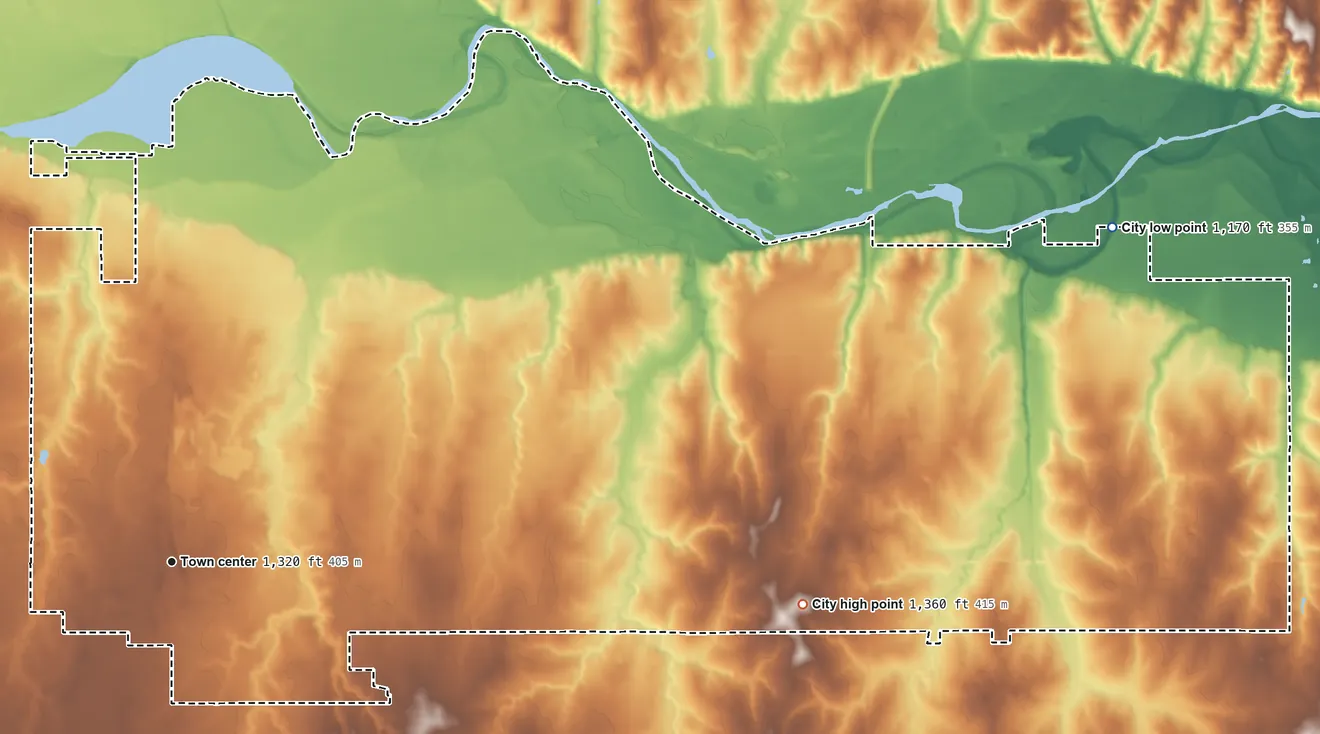 Topographic elevation map of Tuttle, Oklahoma, shaded from 1,170 ft on the east side to 1,360 ft on the east side