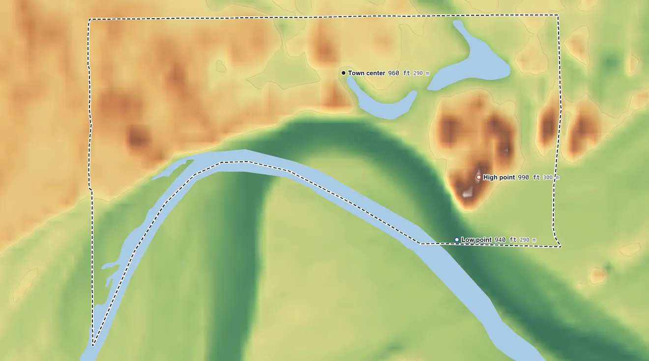 Topographic elevation map of Twin Lakes, Oklahoma, shaded from 940 ft on the southeast side to 990 ft on the southeast side