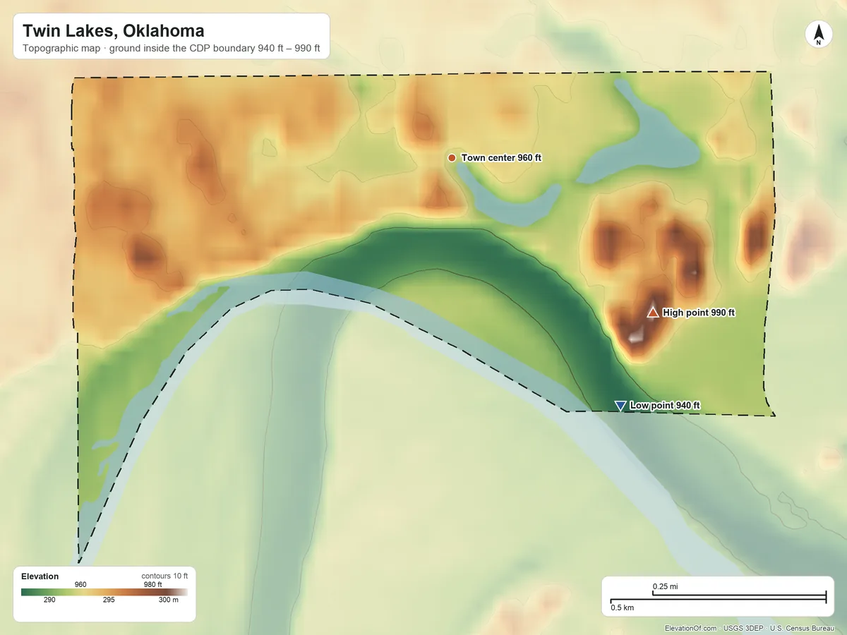 Topographic elevation map of Twin Lakes, Oklahoma, shaded from 940 ft on the southeast side to 990 ft on the southeast side