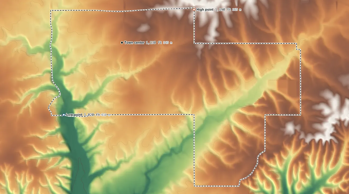 Topographic elevation map of Twin Oaks, Oklahoma, shaded from 1,020 ft on the southwest side to 1,190 ft on the northeast side