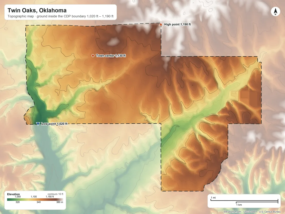Topographic elevation map of Twin Oaks, Oklahoma, shaded from 1,020 ft on the southwest side to 1,190 ft on the northeast side