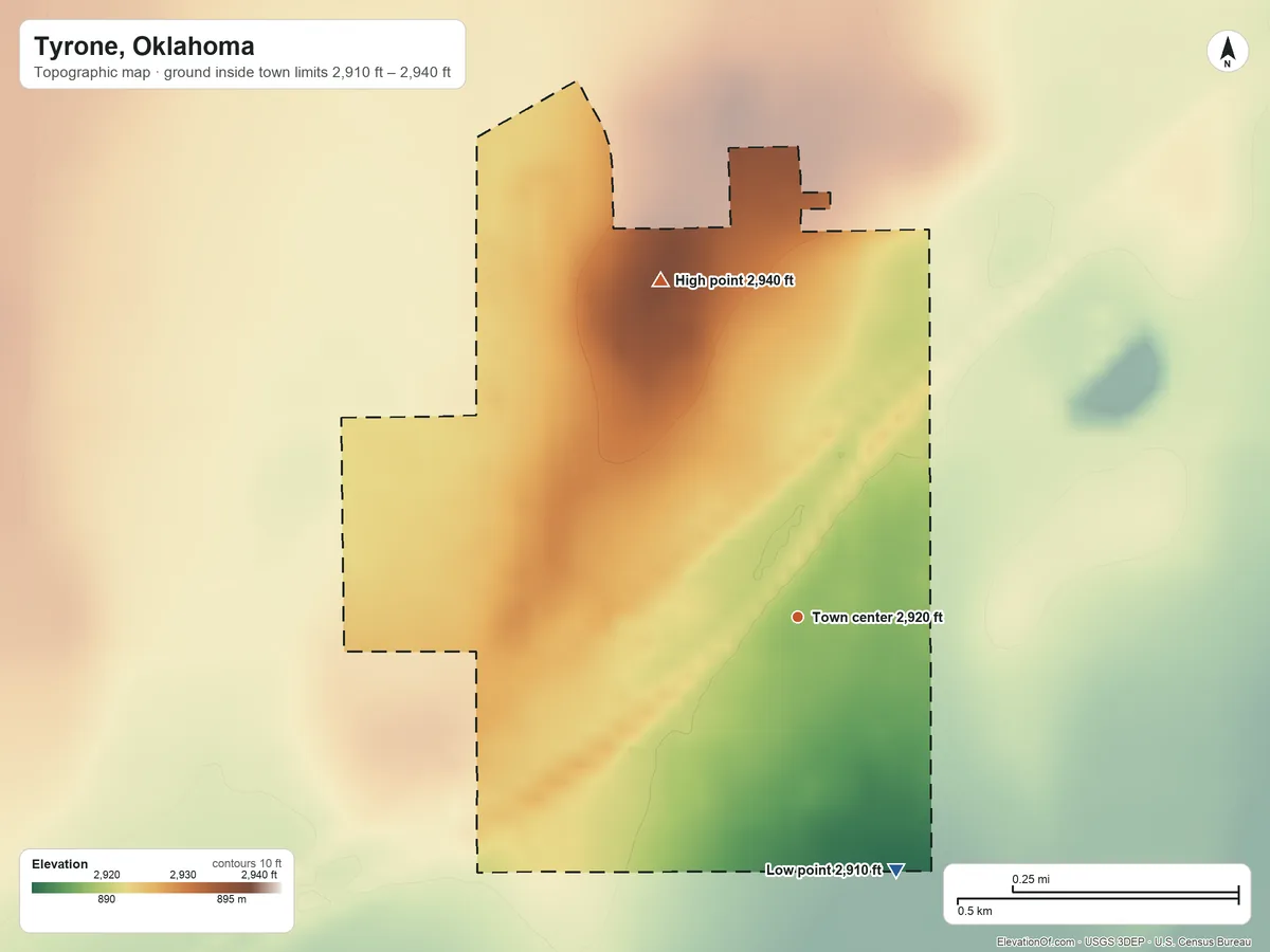 Topographic elevation map of Tyrone, Oklahoma, shaded from 2,910 ft on the south side to 2,940 ft on the north side