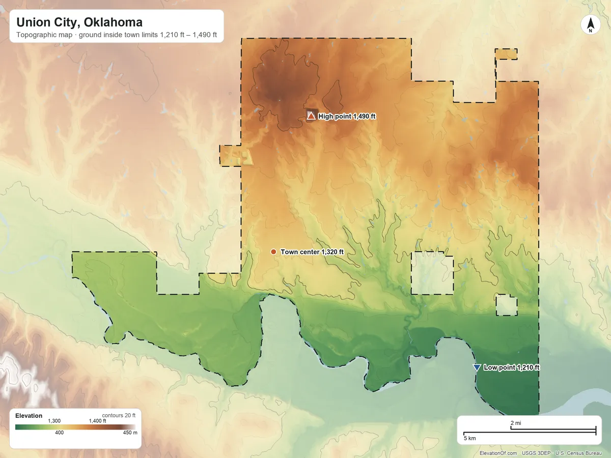 Topographic elevation map of Union City, Oklahoma, shaded from 1,210 ft on the southeast side to 1,490 ft on the north side