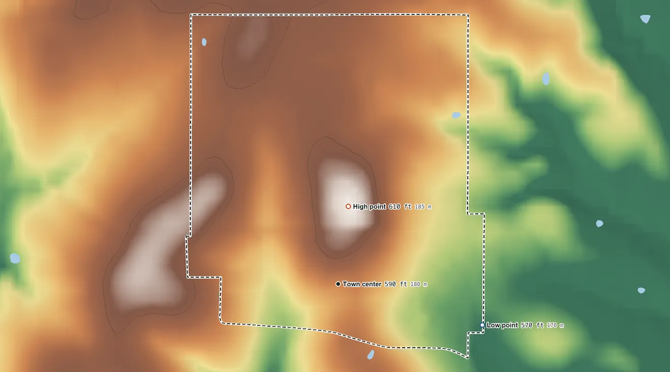 Topographic elevation map of Utica, Oklahoma, shaded from 570 ft on the east side to 610 ft on the north side